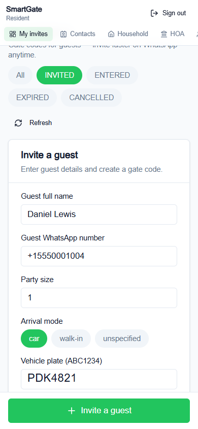 SmartGate resident invitation form